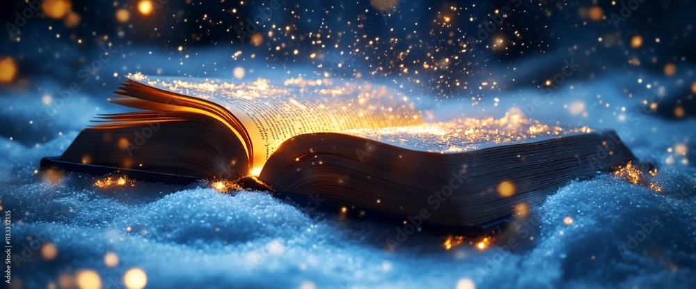 Aufkleber An illuminated book resting on snow, surrounded by sparkling particles.