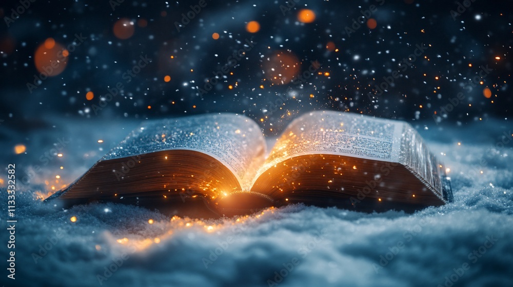 Aufkleber an open book emitting light and sparkles in a snowy environment.
