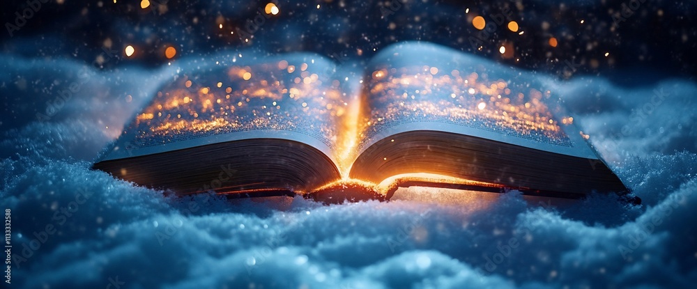 Poster an open book glowing in the snow, surrounded by a magical atmosphere.
