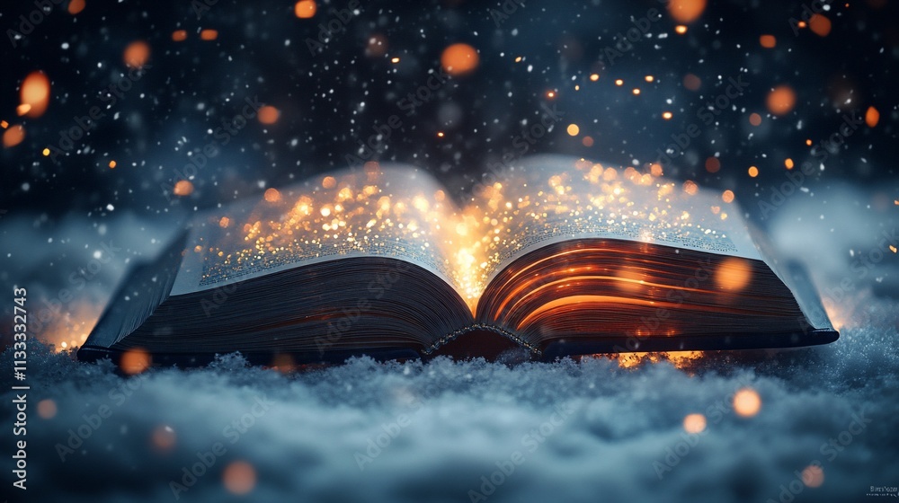 Poster an open book glowing with sparks in a snowy environment, evoking magic and wonder.