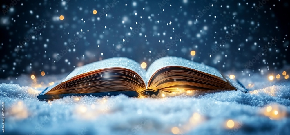 Poster An open book resting on snow, illuminated by soft lights and falling snowflakes.