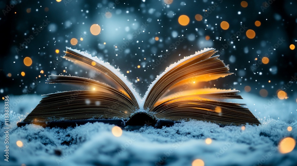 Poster an open book resting on snow, surrounded by glowing lights and falling snowflakes.