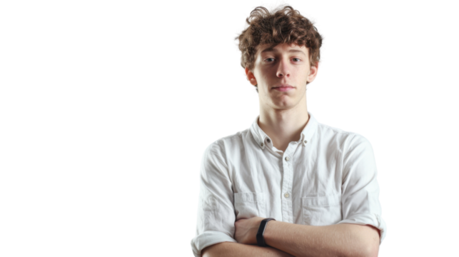 Thinking, face and caucasian american man with decision on white background