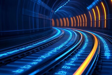Fototapeta premium Illuminated underground tunnel showcasing curved track and vibrant light reflections.