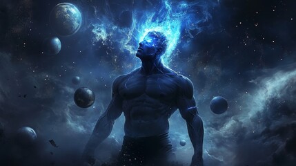 Fototapeta premium A powerful portrayal of a man with a glowing head engulfed in cosmic energy, standing confidently amidst a stunning galaxy filled with planets and stars, exuding strength and mystery.. AI Generation