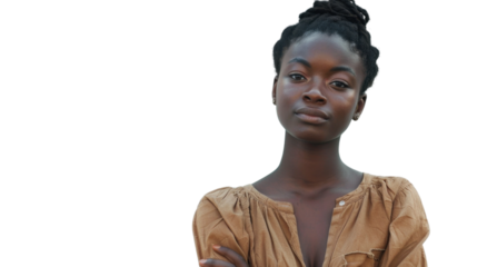 Portrait arms crossed, thinking face , african young woman on white background