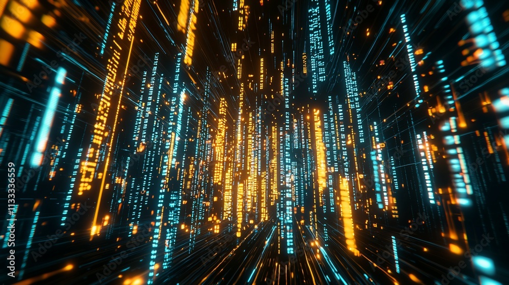 Poster abstract digital data stream, glowing lines, futuristic technology.