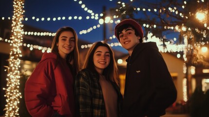 Obraz premium Three people are standing in front of a Christmas tree