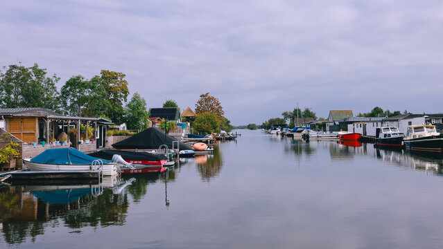 Houses on Loosdrechtse Plassen Lake with Boats, Islands and Canals. Scheendijk, Netherlands