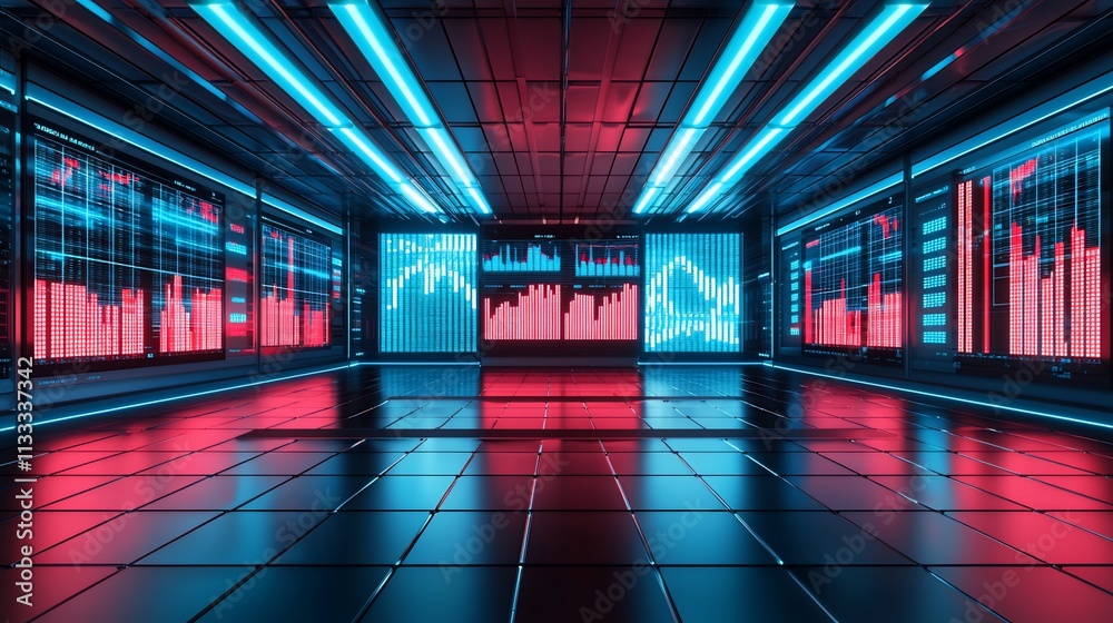 Poster futuristic data center with vibrant red and blue neon lights displaying financial charts and graphs 