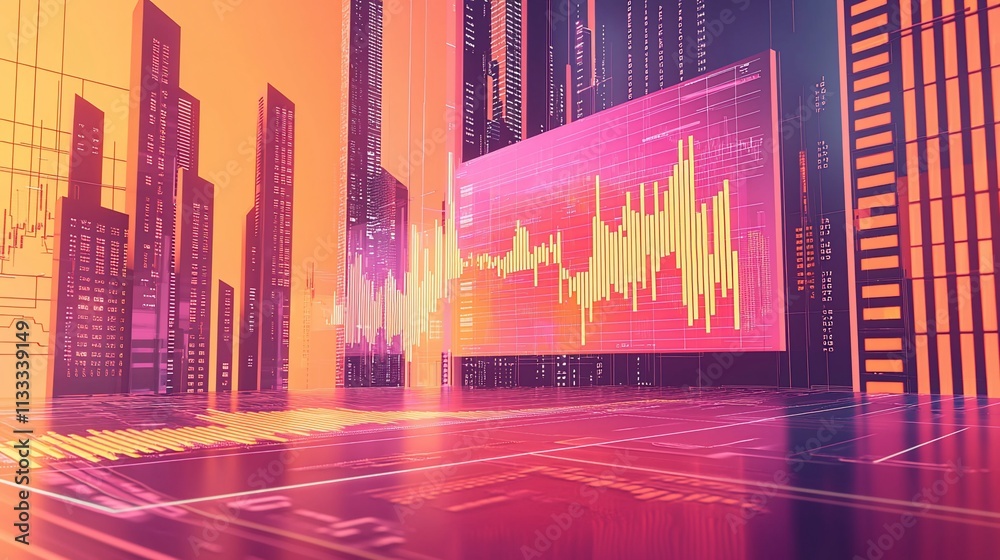 Poster futuristic city with financial data displayed on a large screen.