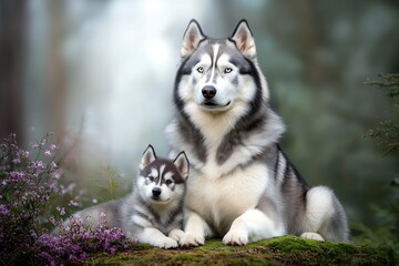 Fototapeta premium Adventurous siberian huskies play in an enchanted forest a serene wildlife scene
