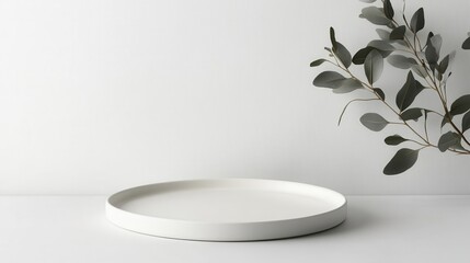 Minimalist White Plate on a Smooth Surface with Greenery Accents, Showcasing Modern Aesthetic and Clean Design for Home Decor and Lifestyle Concepts