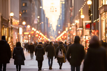 Bustling urban street scene with diverse people in winter clothing