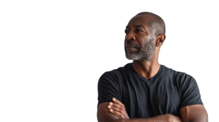 Portrait arms crossed, thinking face , african mature man on white background