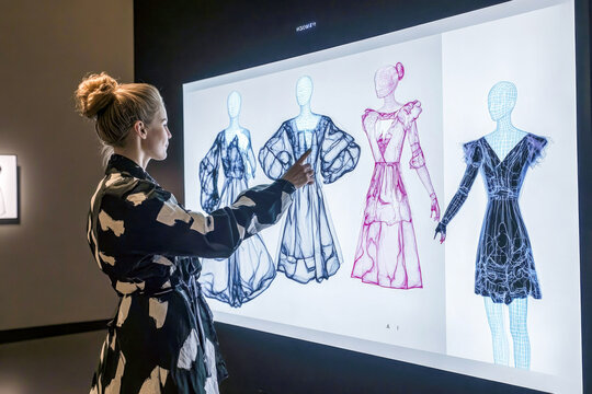 Female designer interacting with virtual fashion display in modern studio