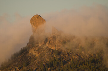 Fototapeta premium Roque Nublo in the fog. The Nublo Natural Monument. Tejeda. Gran Canaria. Canary Islands. Spain.