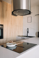 Modern kitchen design featuring an induction stove and sleek cabinetry