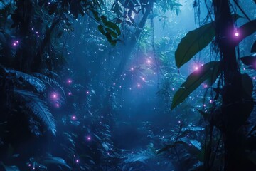 Fototapeta premium Enchanted forest at night, glowing fireflies illuminate lush foliage and a mystical atmosphere.