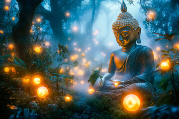 Obraz premium Buddha statue in mystical jungle with glowing orbs at night