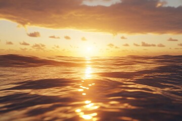 Golden sunset over calm ocean waves, sun reflecting on water surface creating a mesmerizing view.