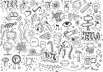Hand drawn various doodles, vector illustration on white background