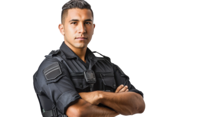Mexican young male security guard uniform, confident and arms crossed on white background