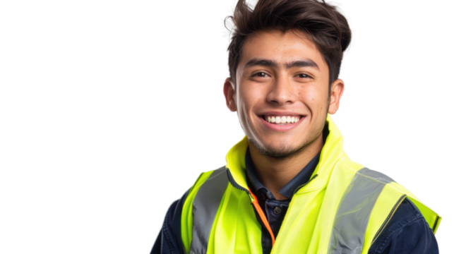 Mexican young male smiling in yellow warning vest safety on white background
