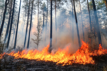 Wildfire spreading in dense forest amidst tall trees and smoke
