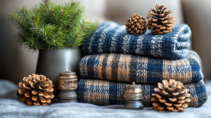 Cozy Autumn Scene with Warm Textiles, Pine Cones, and Greenery for a Homely and Inviting Atmosphere in a Seasonal Composition