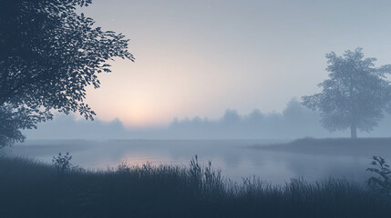 A serene misty landscape at dawn, featuring a calm water body and silhouettes of trees.