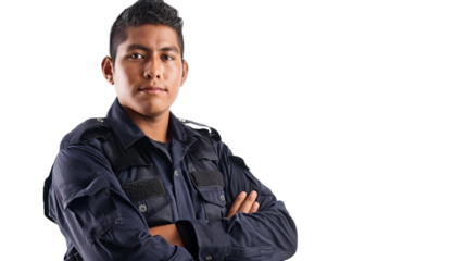 Mexican young male security guard uniform, confident and arms crossed on white background