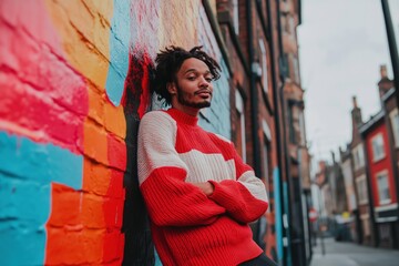 Young man leaning against a colorful brick wall in a city alleyway.