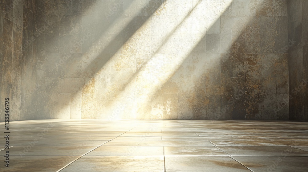 Poster sunbeams illuminate empty room's textured wall and tiled floor.