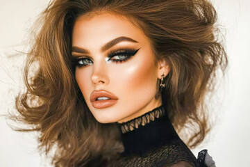 Fototapeta premium Stunning young caucasian female with bold makeup and voluminous hair