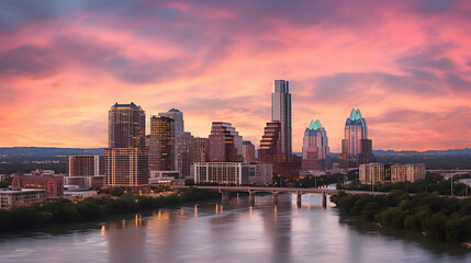 Fototapeta premium Stunning Capture of Austin City Skyline at Sunset Reflecting on Lady Bird Lake