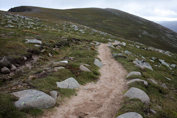 Path following Glas-allt river leading to Lochnagar - Loch Muick to Lochnagar path - Aberdeenshire - Scotland - UK