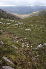 Path following Glas-allt river leading to Lochnagar - Loch Muick to Lochnagar path - Aberdeenshire - Scotland - UK