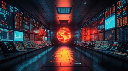 High-tech control room with glowing screens displaying data and a digital globe.