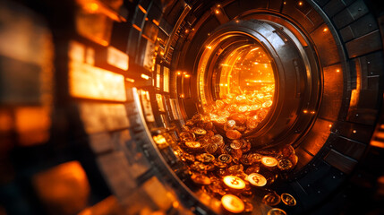 Futuristic vault with golden coins and digital currency symbols