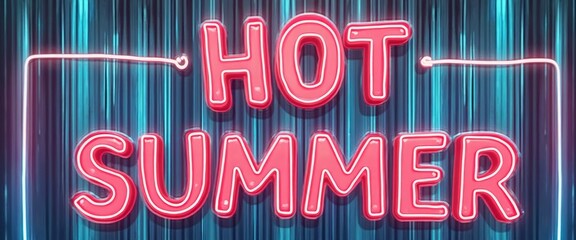 A striking neon sign glows with the words Hot Summer, radiating a lively energy against a backdrop of cool blue vertical lines. This image captures the essence of summer fun and excitement, inviting