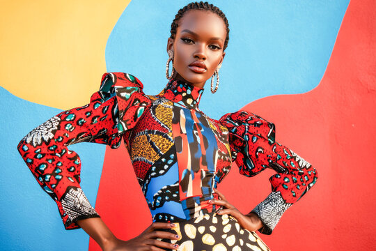 Fashionable young african female in vibrant patterned dress against colorful background