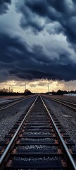Fototapeta premium Dramatic Sunset with Dark Clouds Looming Over Railroad Tracks : Generative AI