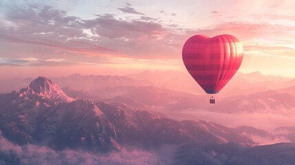 Fototapeta premium Heart Shaped Hot Air Balloon Over Majestic Mountains at Sunset