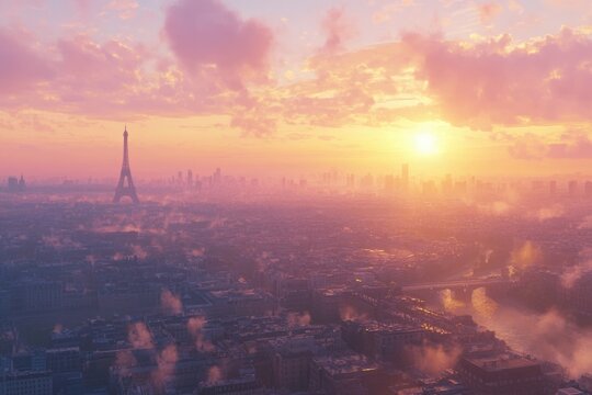 Paris skyline at sunset, Eiffel Tower visible through hazy, pink-hued clouds.