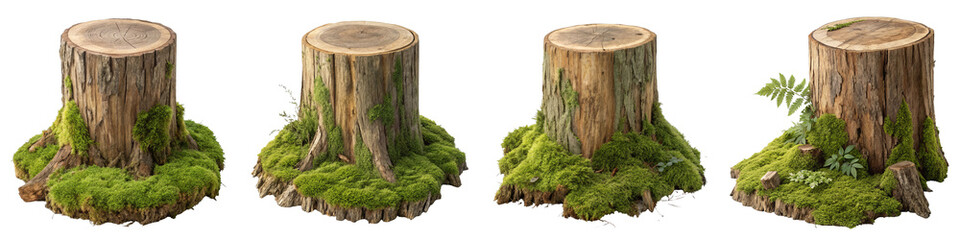 Moss Covered Tree Stump Set 3D Render, Isolated on White Background, Nature Textures,  Forest Elements,Tree Stump, 3D Model, Moss