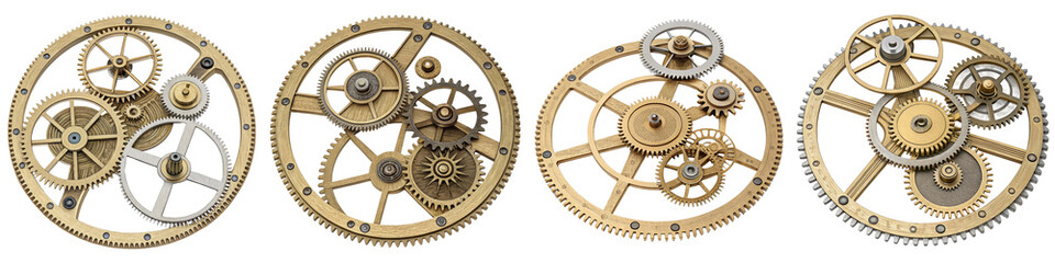 Front View of Four Interlocking Gears, Isolated on White Background, Gold and Silver Cogs, Detailed Mechanical Composition,Gears, Mechanism, Clockwork