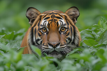 Obraz premium Close-Up of a Majestic Bengal Tiger Prowling Through Dense Jungle Foliage
