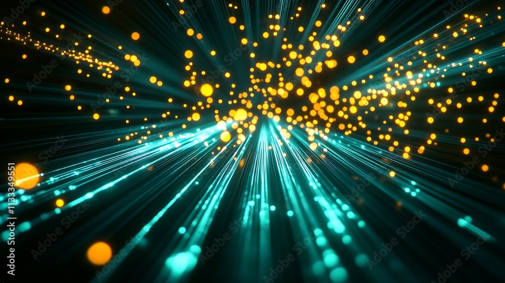 Poster Dynamic Abstract Burst of Light and Particles in Aquatic and Amber Tones : Generative AI