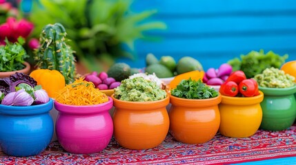 Flavor Fiesta: Lively Mexican Dishes - Tacos, Enchiladas, and Guacamole on a Colorful Tablecloth